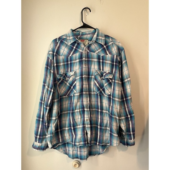 Levi's Other - Levis Vintage 90s Y2k Distressed Plaid Pearl Snap Button Down Womans Large Blue‎